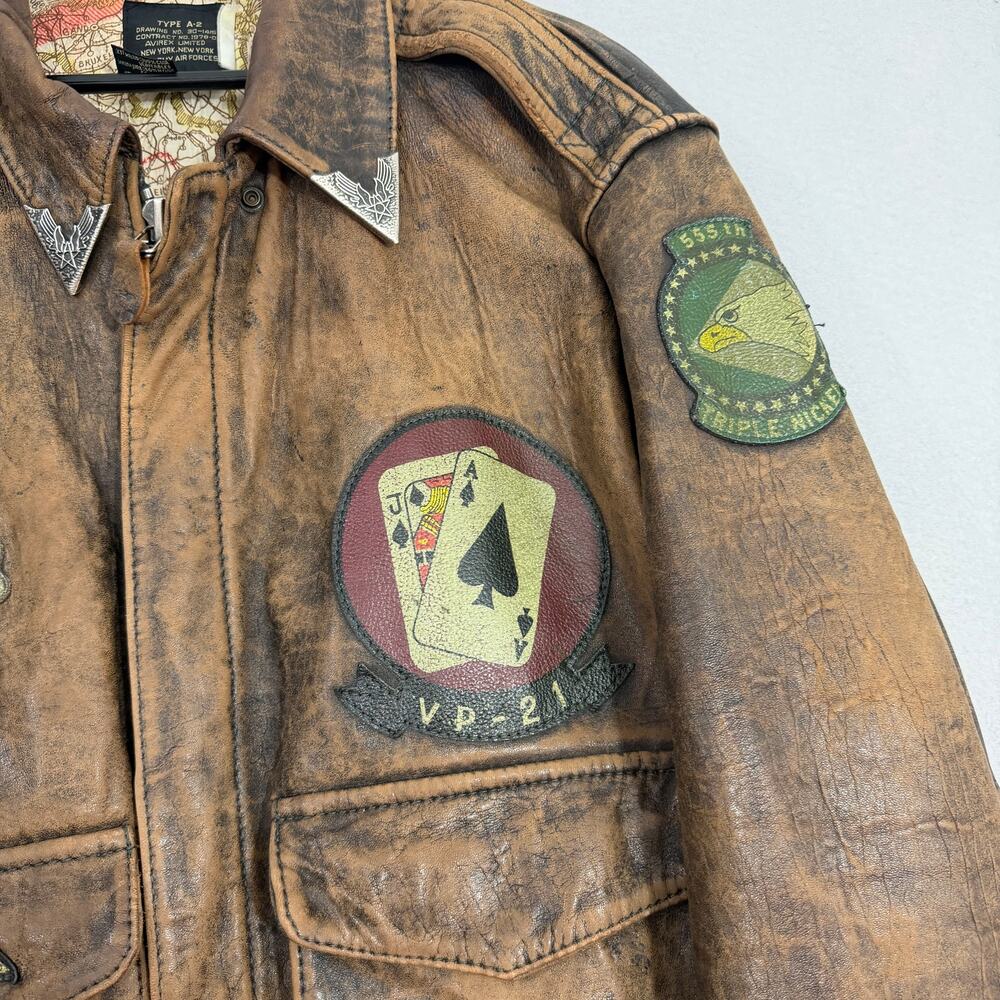 Vintage Avirex Old Leather A-2 Bomber Jacket Medium Europe Map Lining Patches - Picture 5 of 15